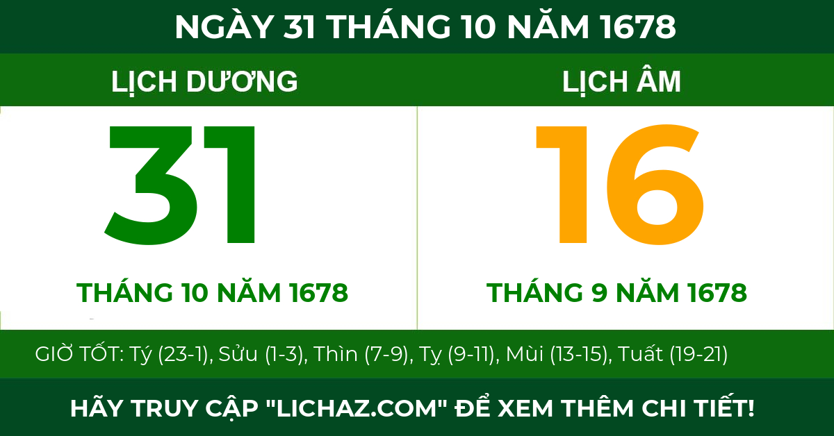 lịch âm ngày 31 tháng 10 năm 1678