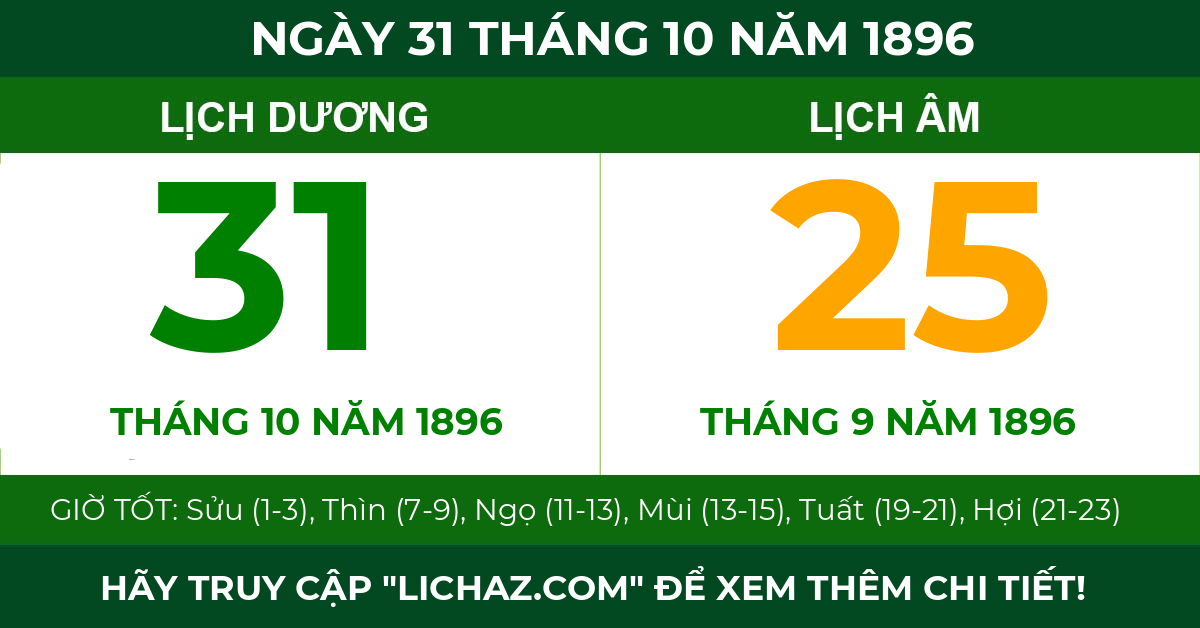 lịch âm ngày 31 tháng 10 năm 1896