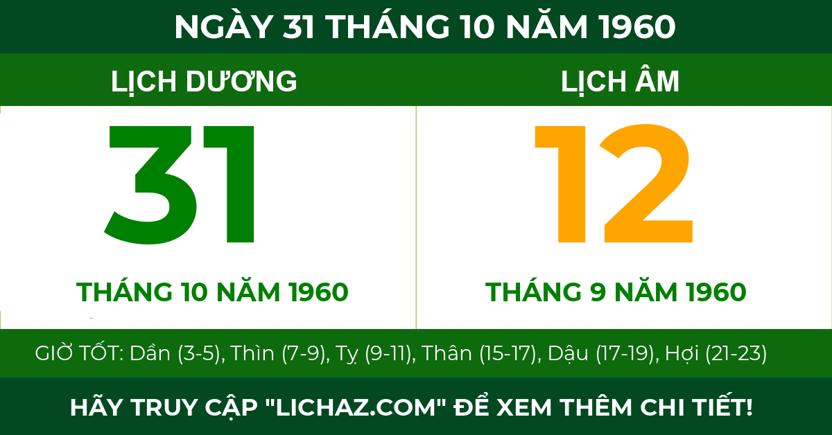lịch âm ngày 31 tháng 10 năm 1960
