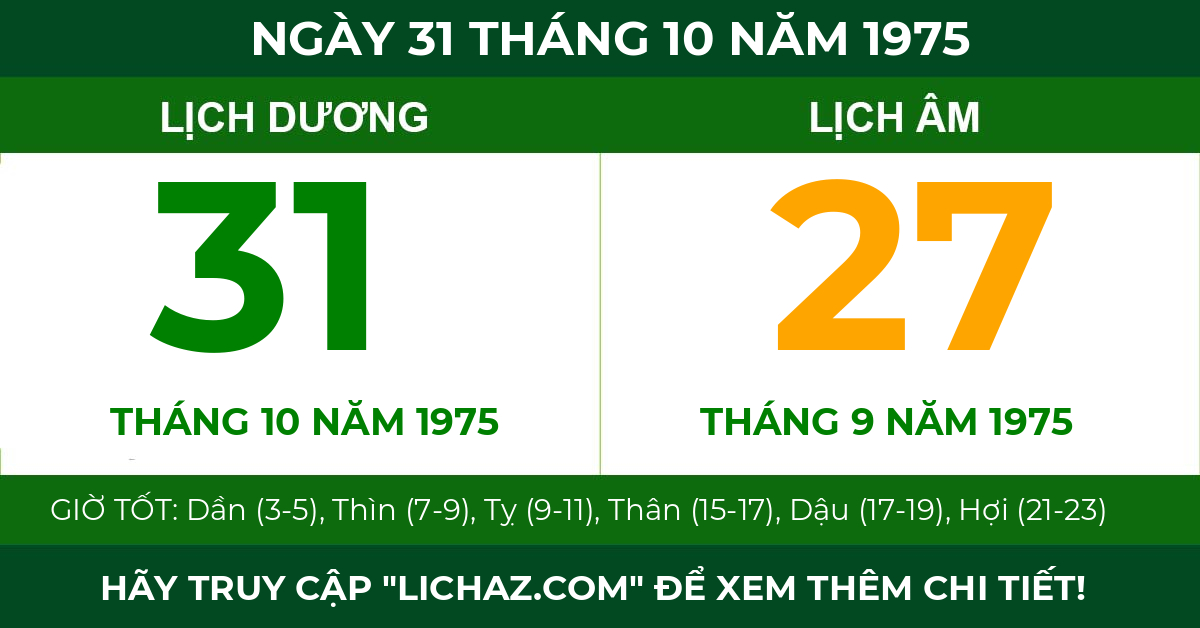 lịch âm ngày 31 tháng 10 năm 1975