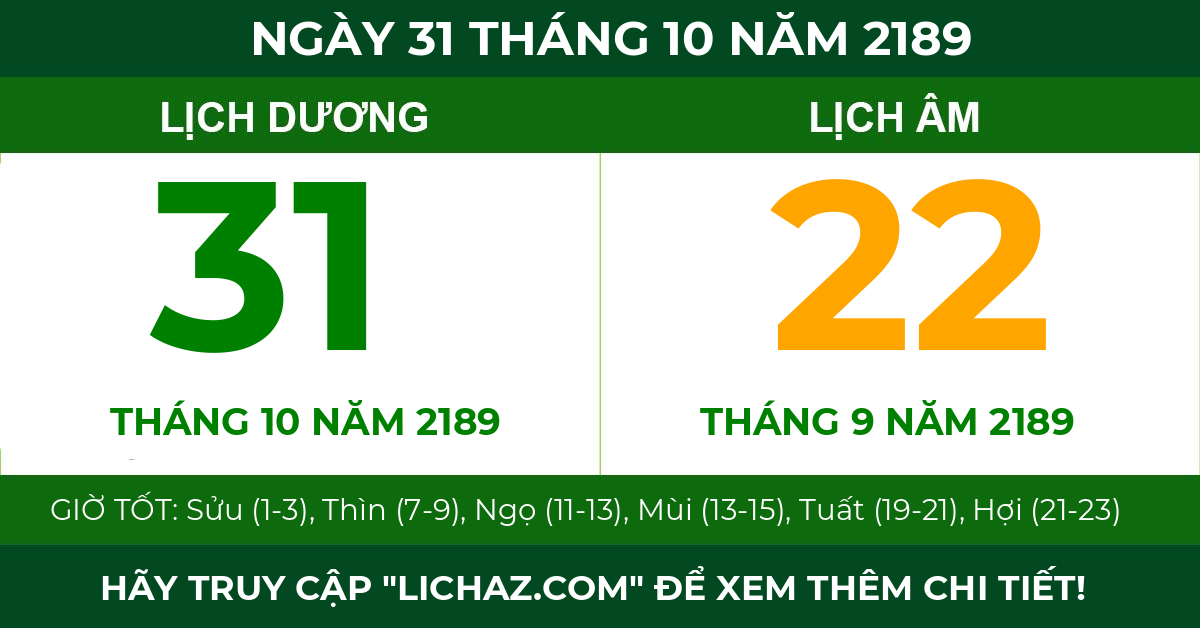 lịch âm ngày 31 tháng 10 năm 2189