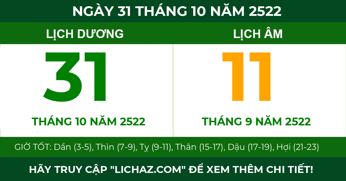 lịch âm ngày 31 tháng 10 năm 2522