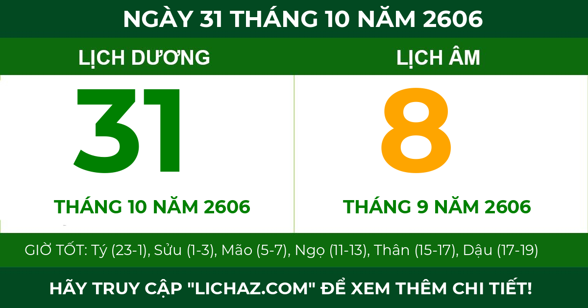 lịch âm ngày 31 tháng 10 năm 2606