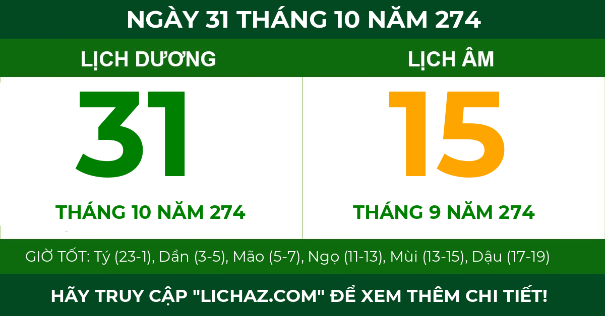 lịch âm ngày 31 tháng 10 năm 274