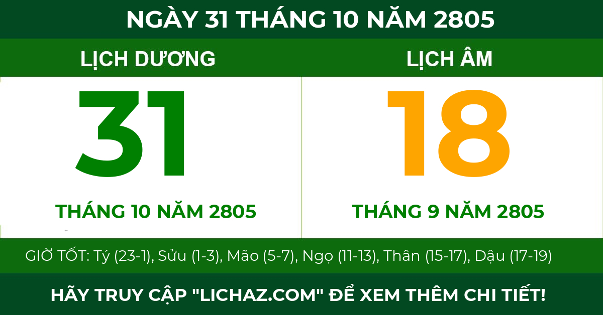 lịch âm ngày 31 tháng 10 năm 2805