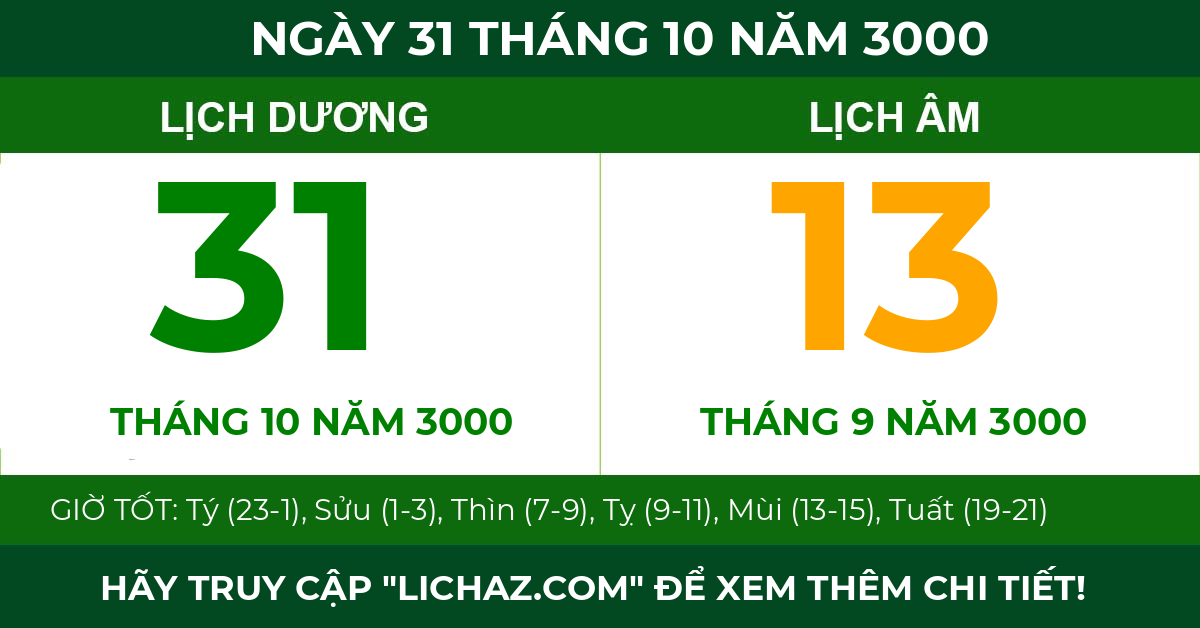 lịch âm ngày 31 tháng 10 năm 3000
