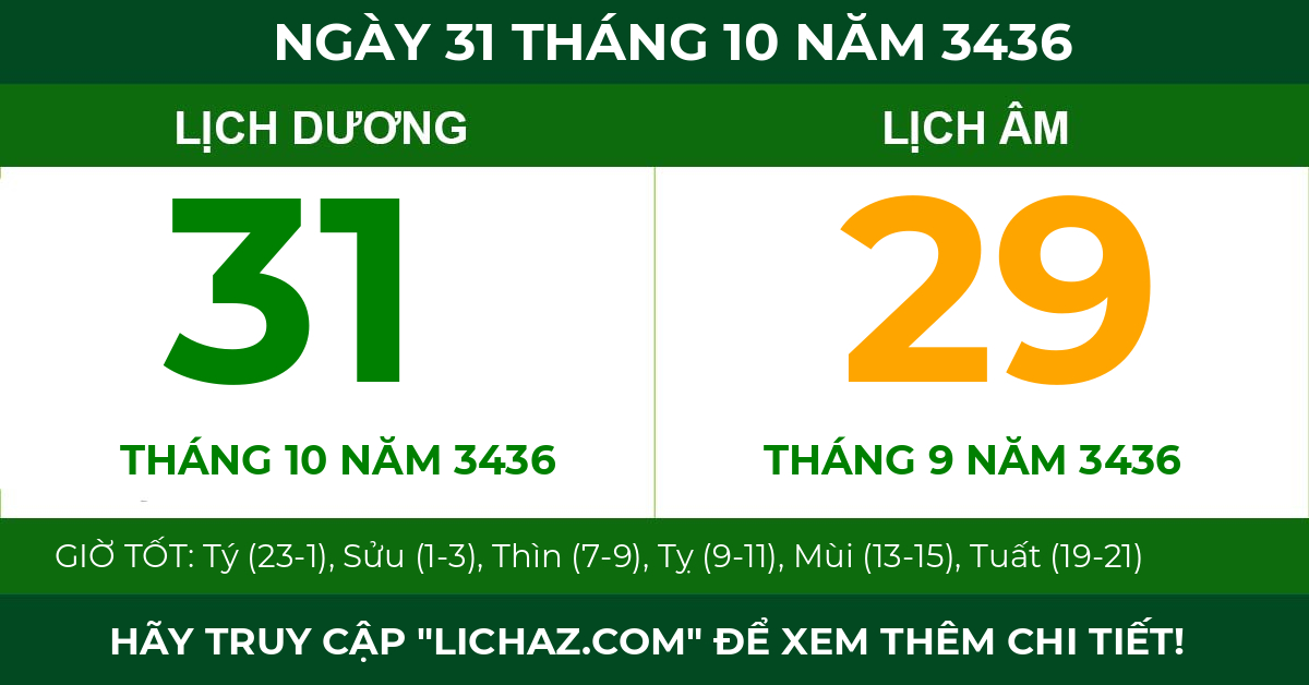 lịch âm ngày 31 tháng 10 năm 3436