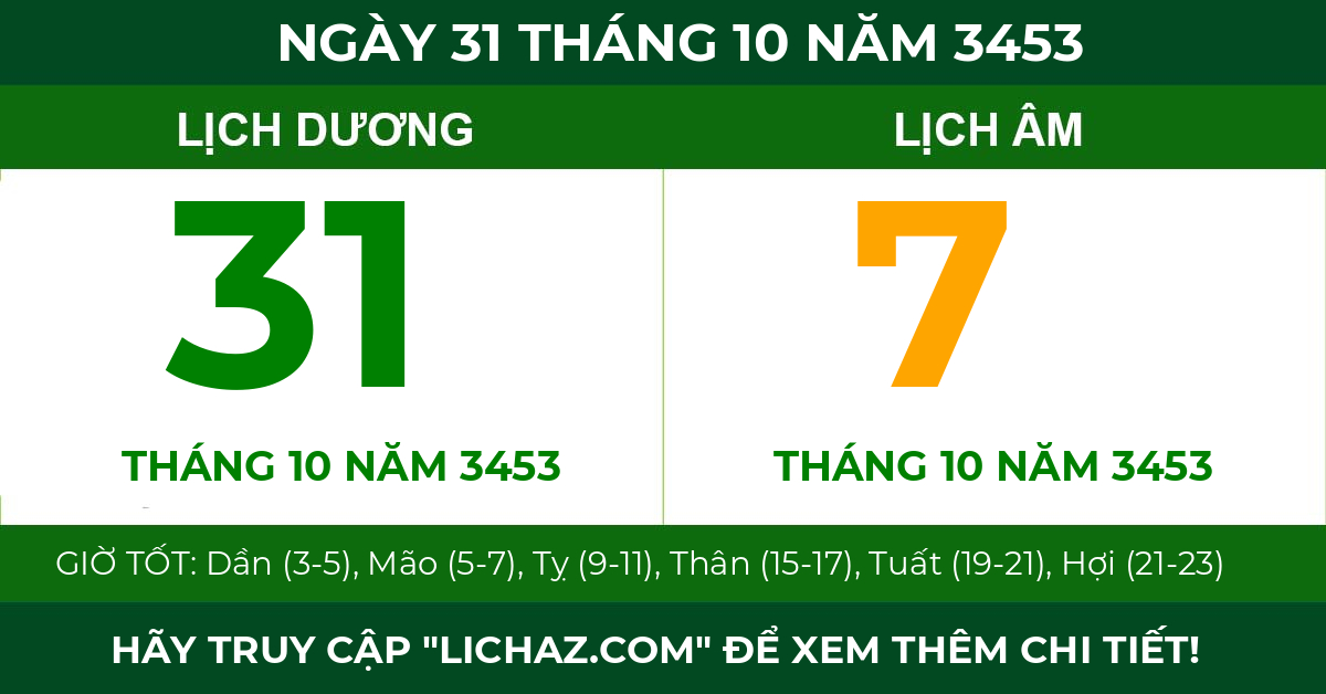 lịch âm ngày 31 tháng 10 năm 3453