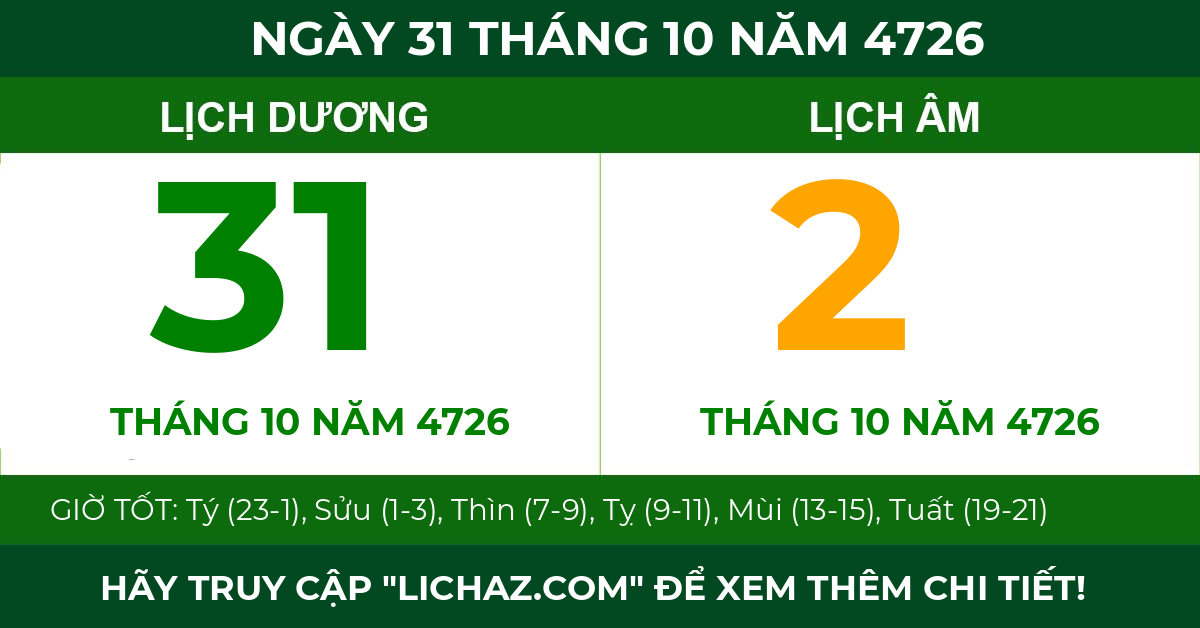 lịch âm ngày 31 tháng 10 năm 4726