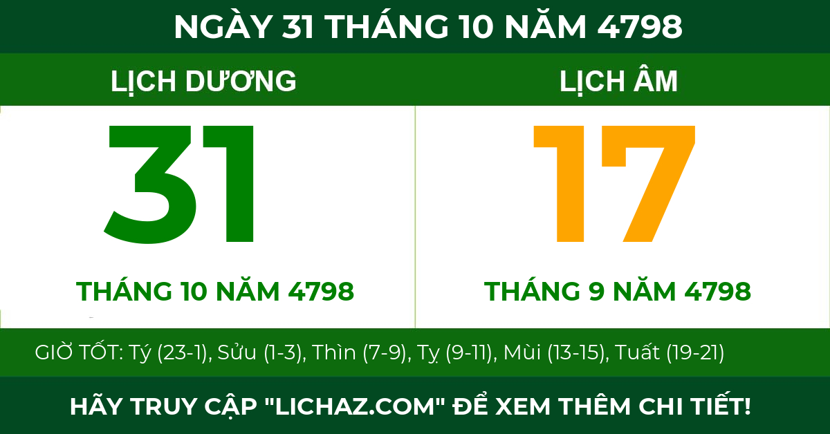 lịch âm ngày 31 tháng 10 năm 4798