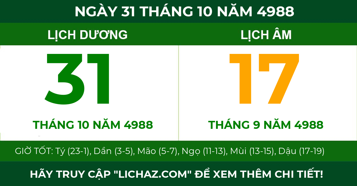 lịch âm ngày 31 tháng 10 năm 4988