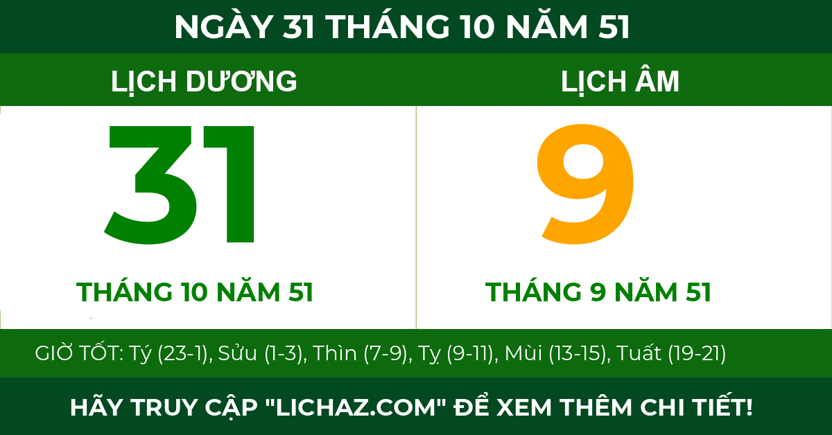 lịch âm ngày 31 tháng 10 năm 51
