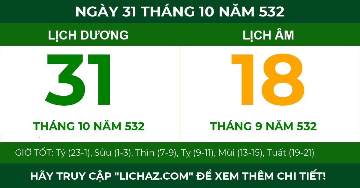 lịch âm ngày 31 tháng 10 năm 532