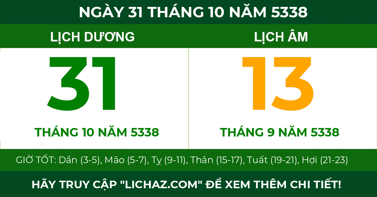 lịch âm ngày 31 tháng 10 năm 5338