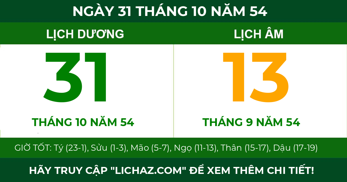 lịch âm ngày 31 tháng 10 năm 54