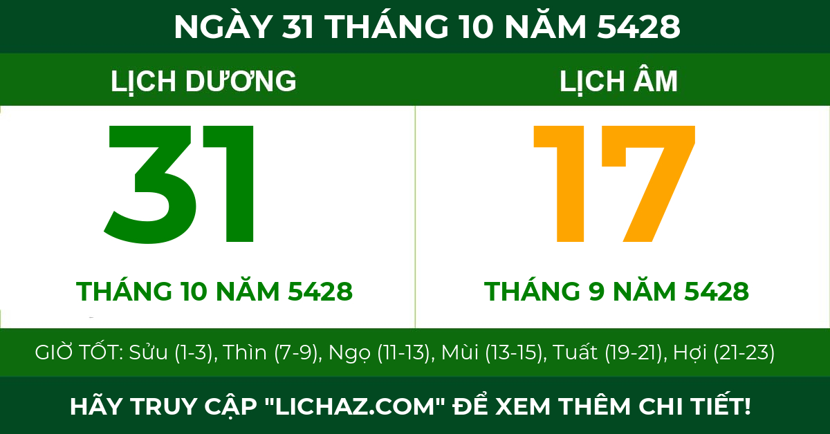 lịch âm ngày 31 tháng 10 năm 5428
