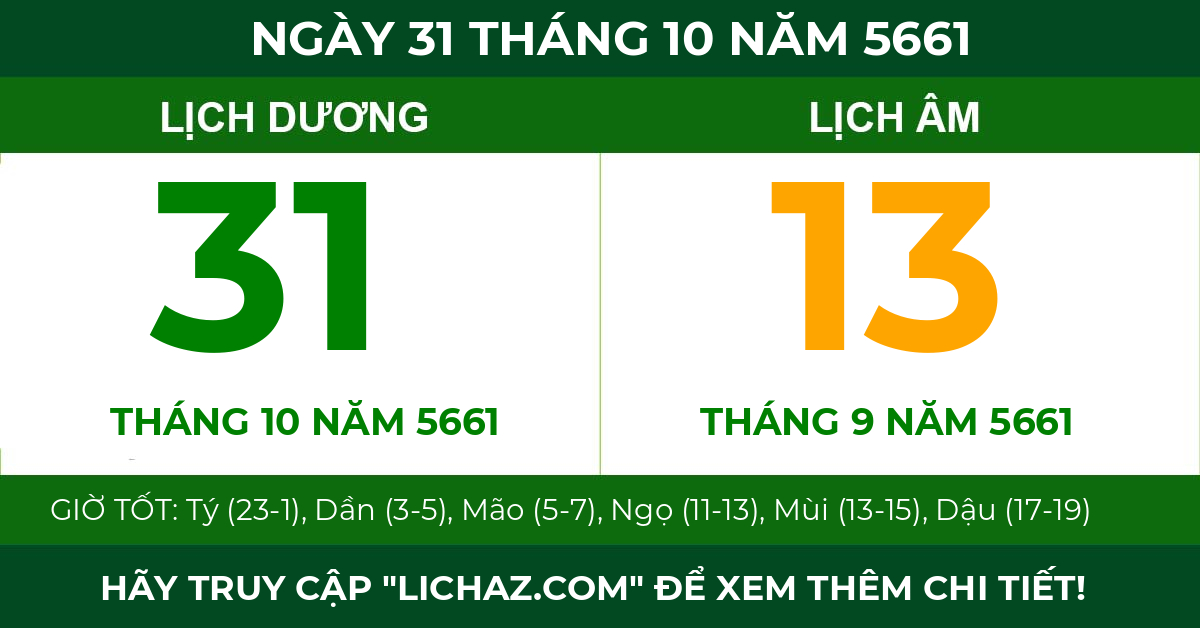 lịch âm ngày 31 tháng 10 năm 5661