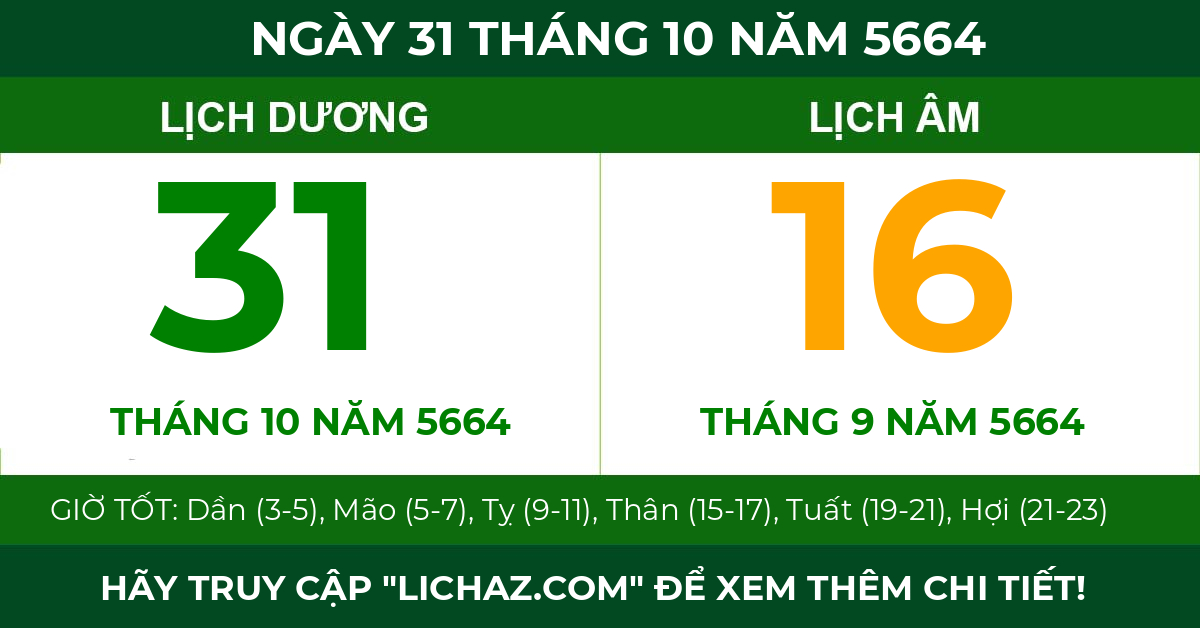 lịch âm ngày 31 tháng 10 năm 5664