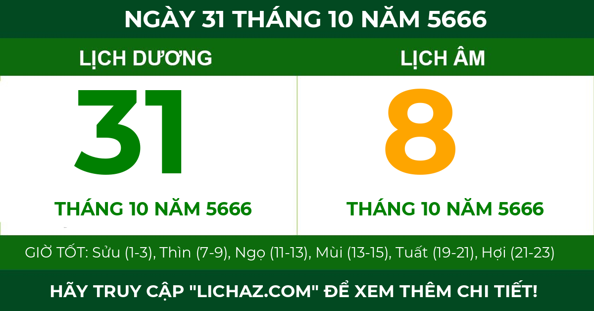 lịch âm ngày 31 tháng 10 năm 5666