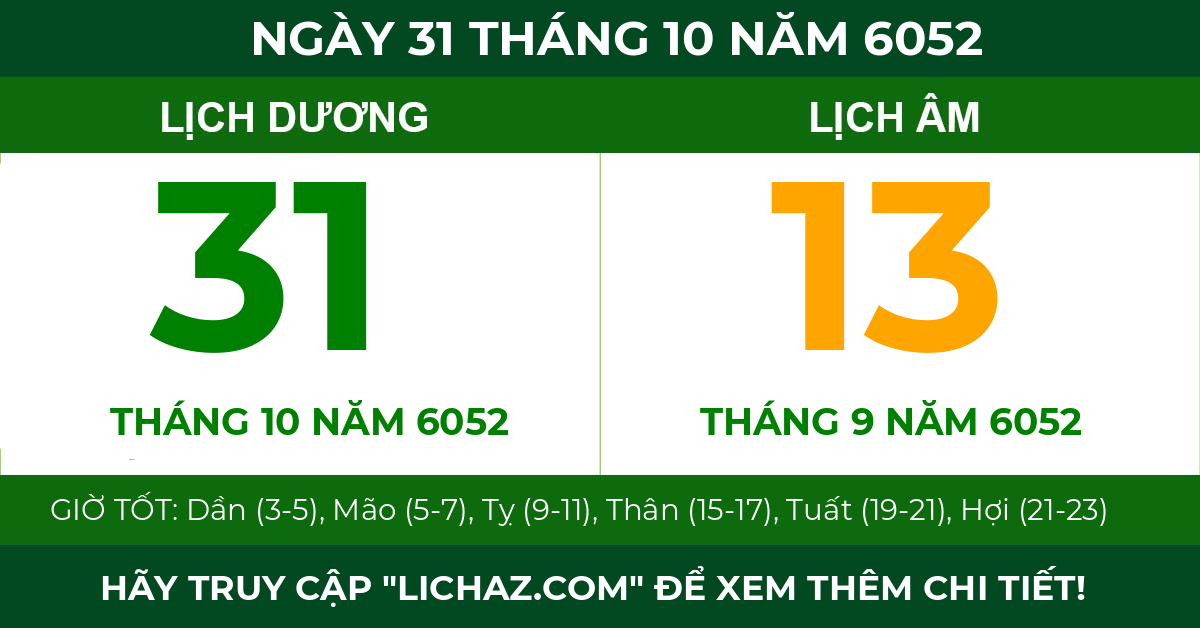 lịch âm ngày 31 tháng 10 năm 6052