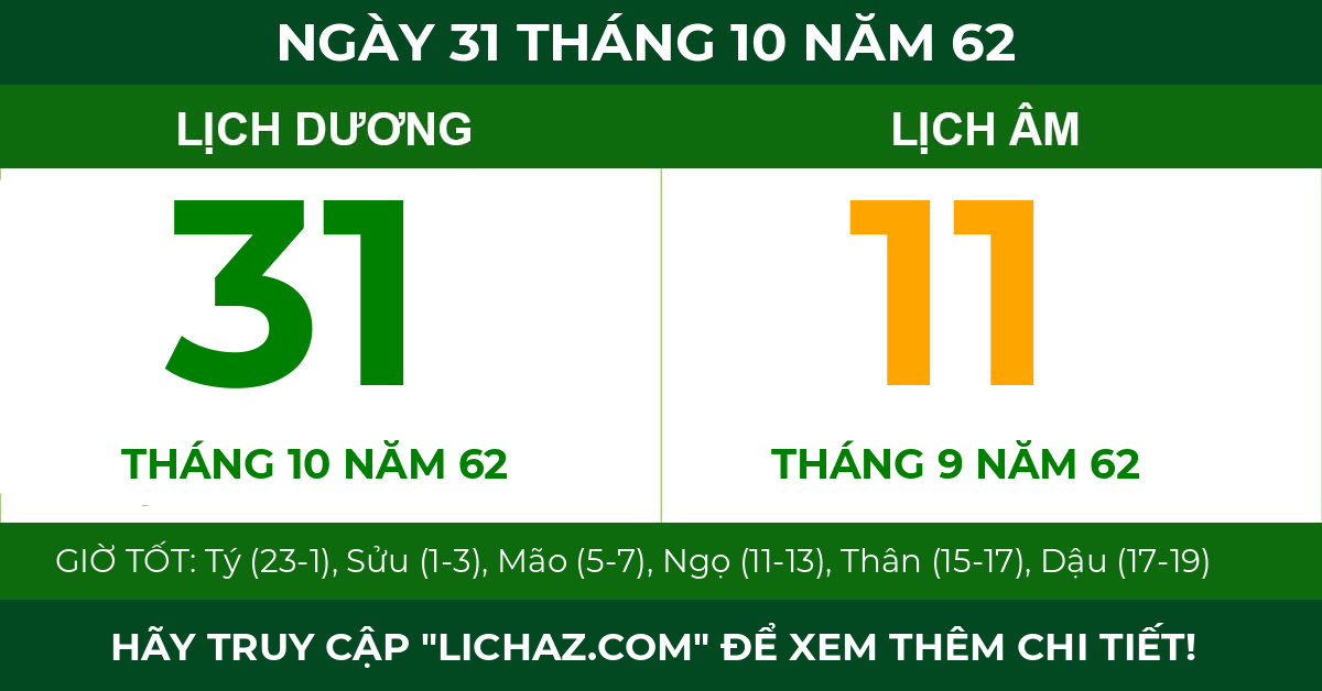lịch âm ngày 31 tháng 10 năm 62