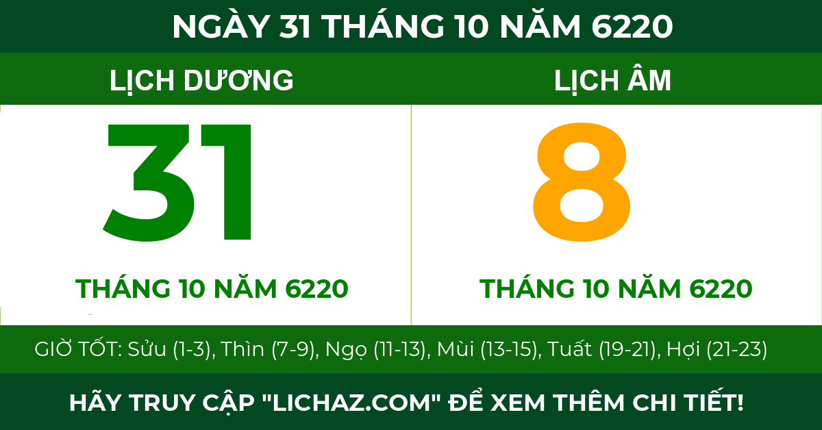 lịch âm ngày 31 tháng 10 năm 6220