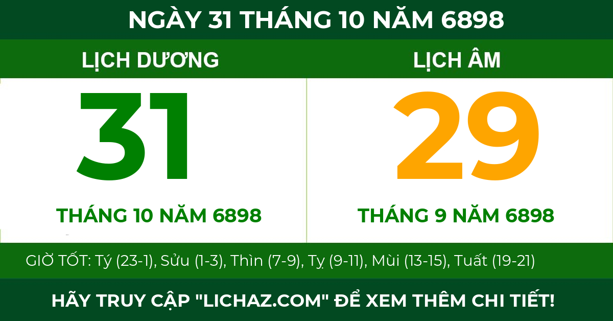 lịch âm ngày 31 tháng 10 năm 6898