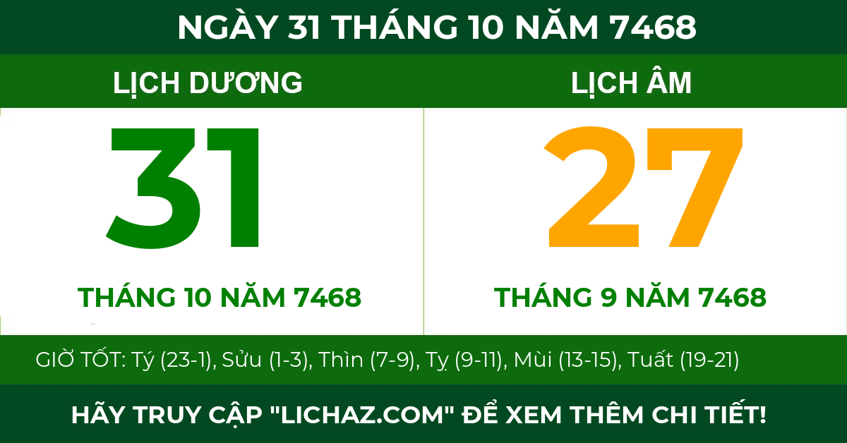 lịch âm ngày 31 tháng 10 năm 7468