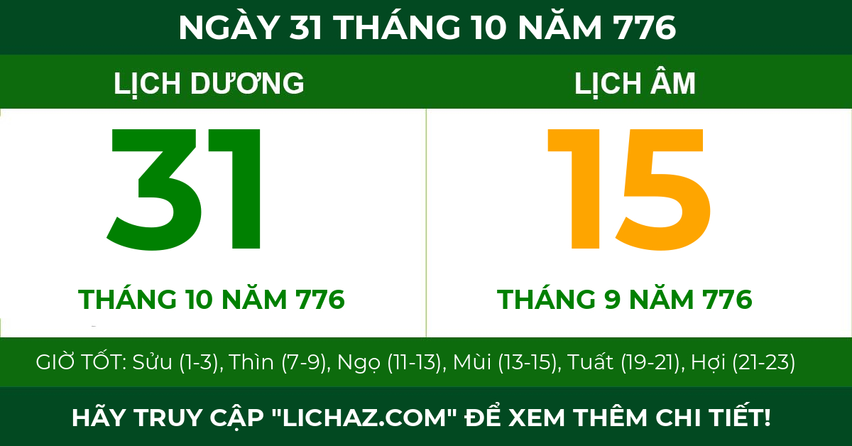 lịch âm ngày 31 tháng 10 năm 776