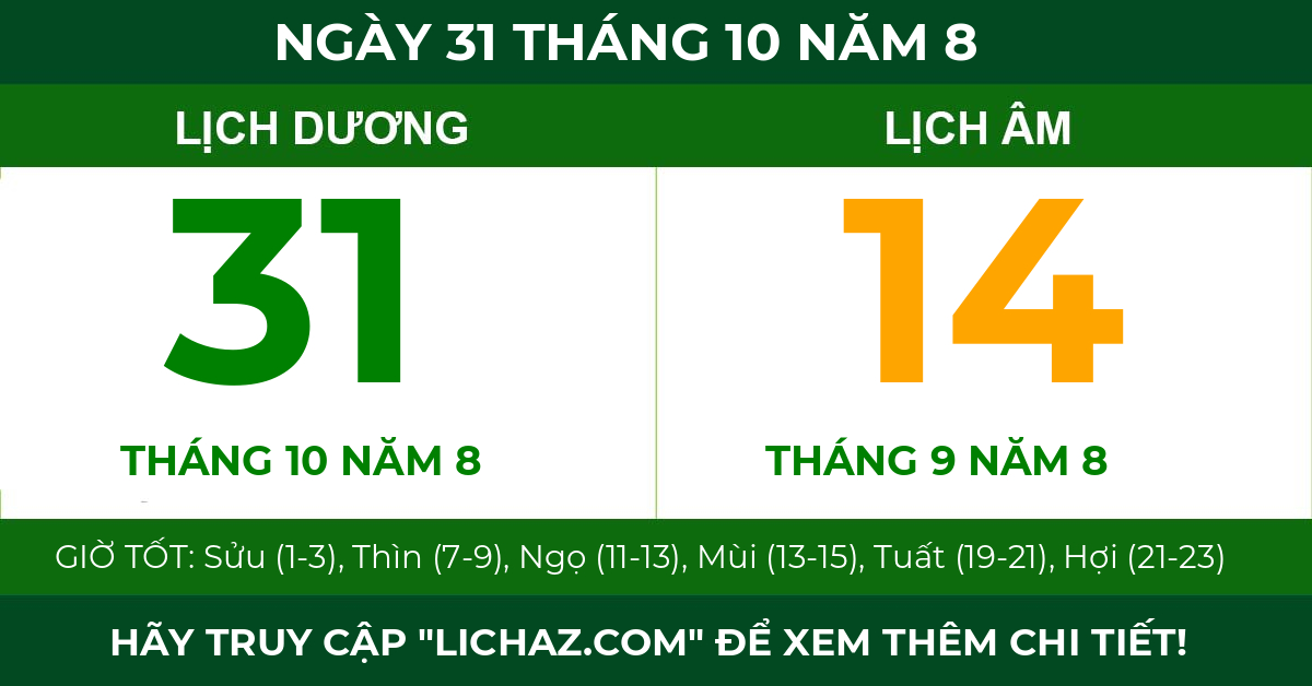 lịch âm ngày 31 tháng 10 năm 8