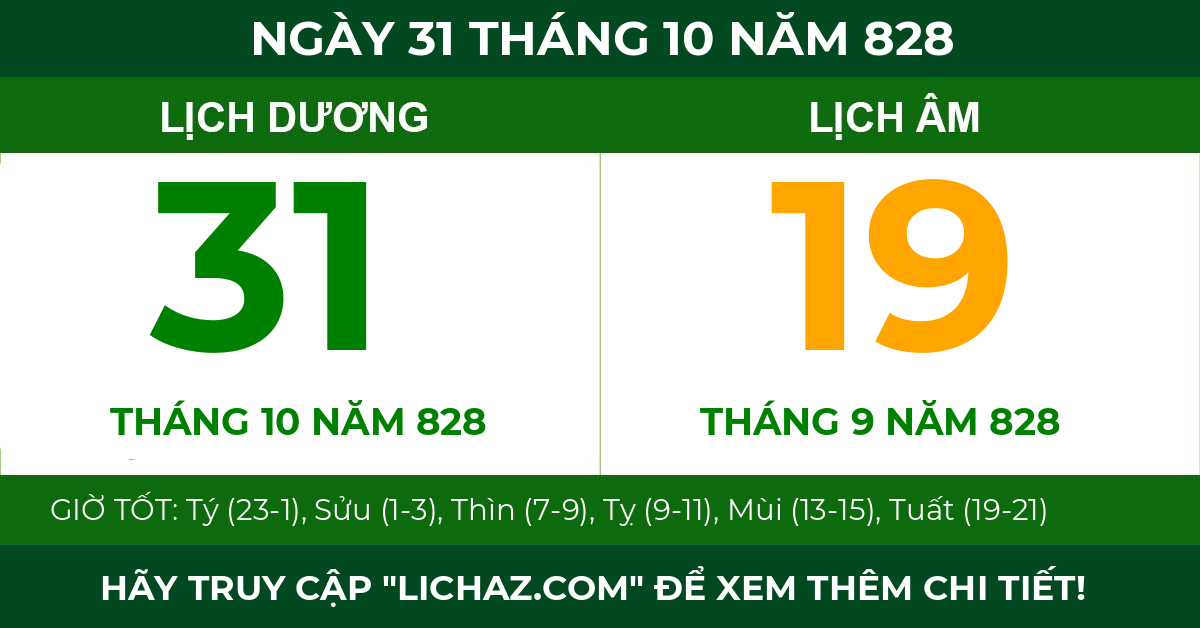 lịch âm ngày 31 tháng 10 năm 828
