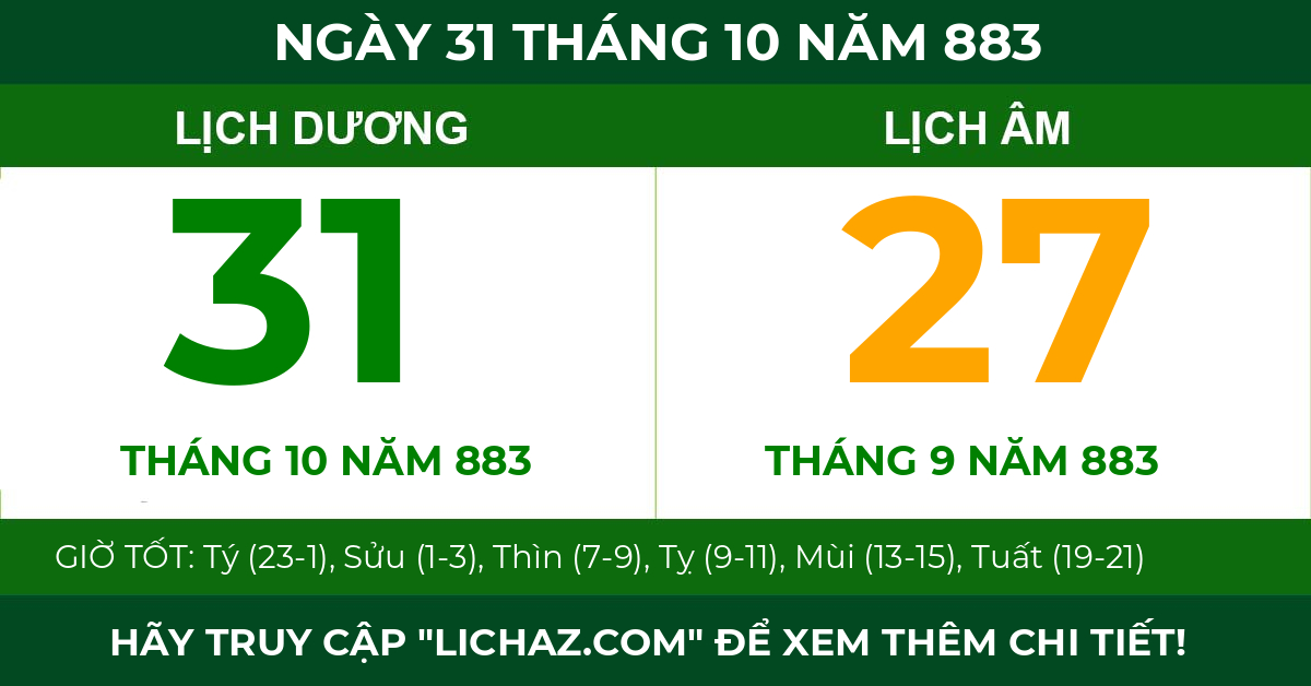 lịch âm ngày 31 tháng 10 năm 883
