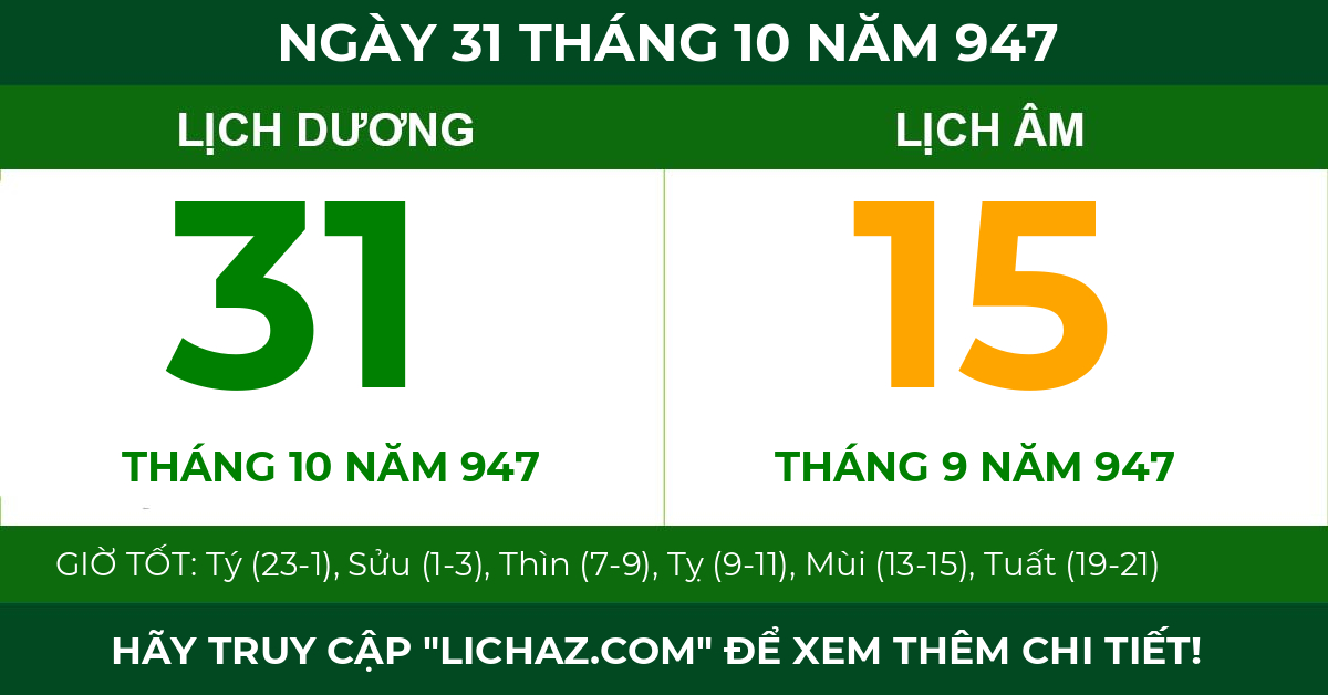 lịch âm ngày 31 tháng 10 năm 947