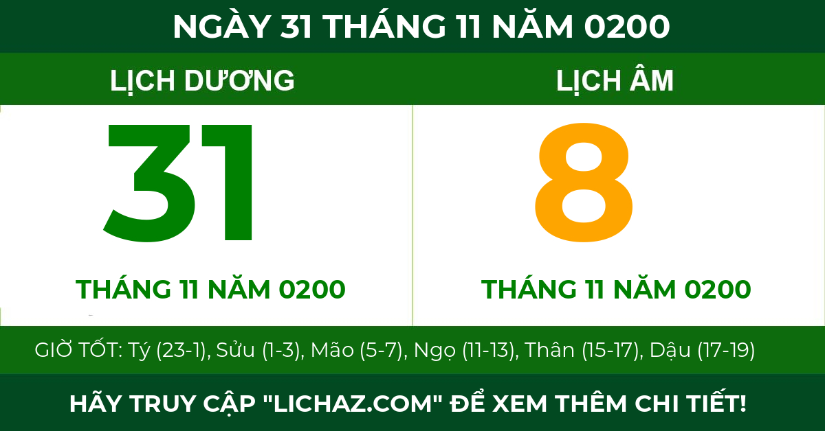 lịch âm ngày 31 tháng 11 năm 0200