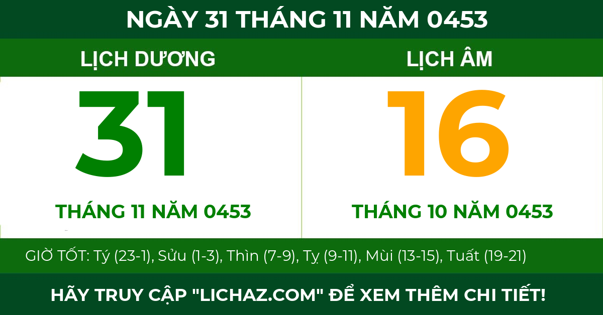 lịch âm ngày 31 tháng 11 năm 0453