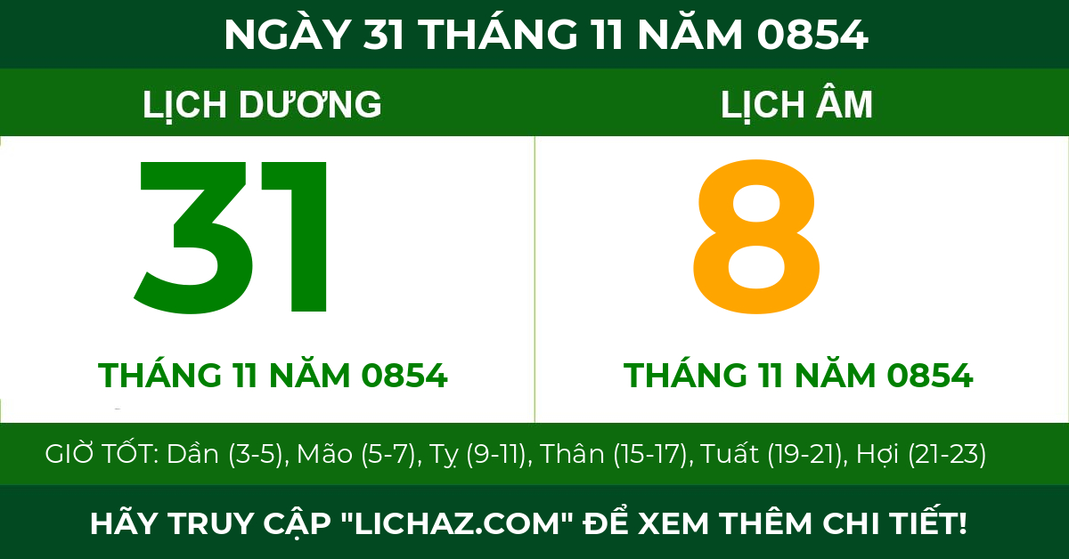 lịch âm ngày 31 tháng 11 năm 0854