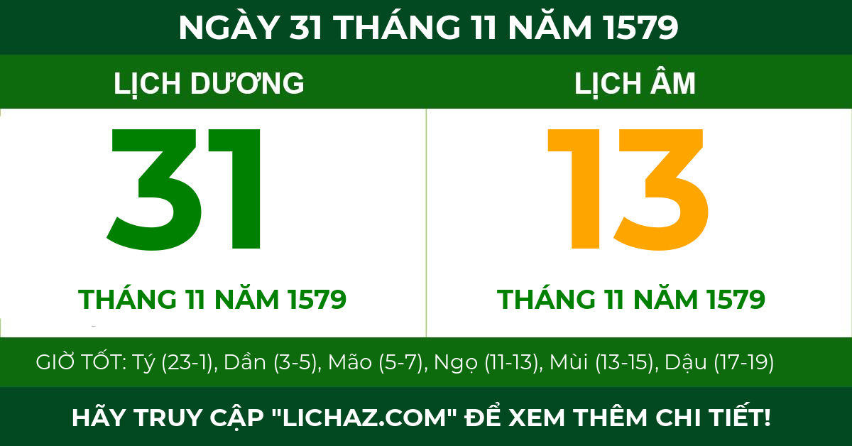 lịch âm ngày 31 tháng 11 năm 1579