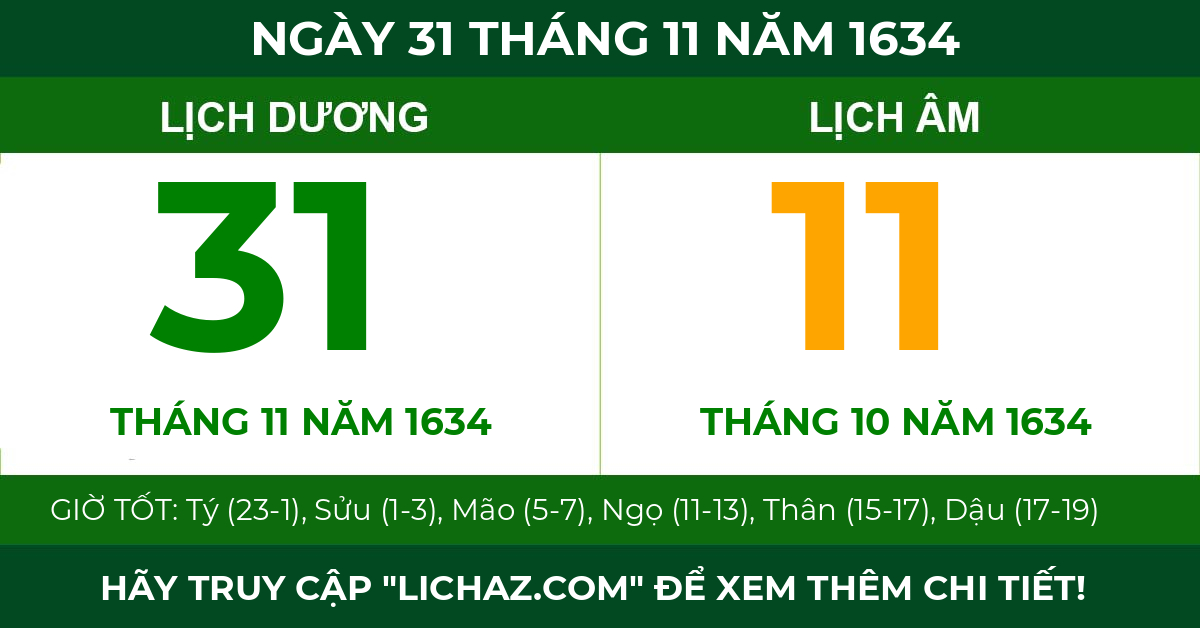 lịch âm ngày 31 tháng 11 năm 1634