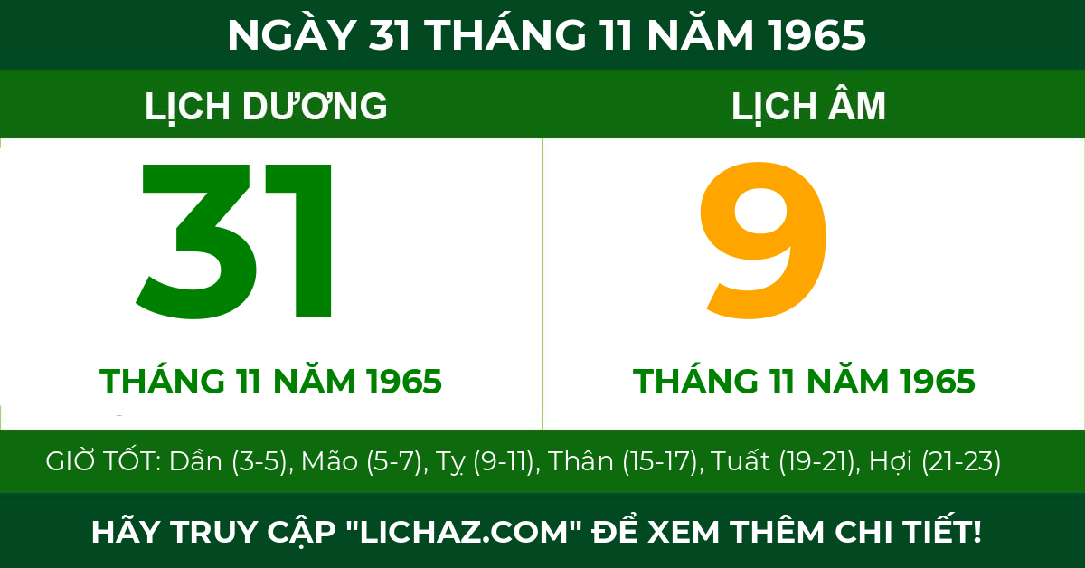 lịch âm ngày 31 tháng 11 năm 1965
