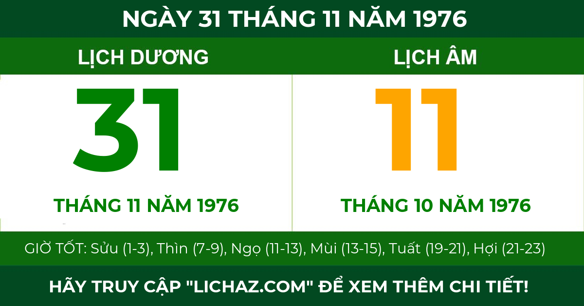 lịch âm ngày 31 tháng 11 năm 1976