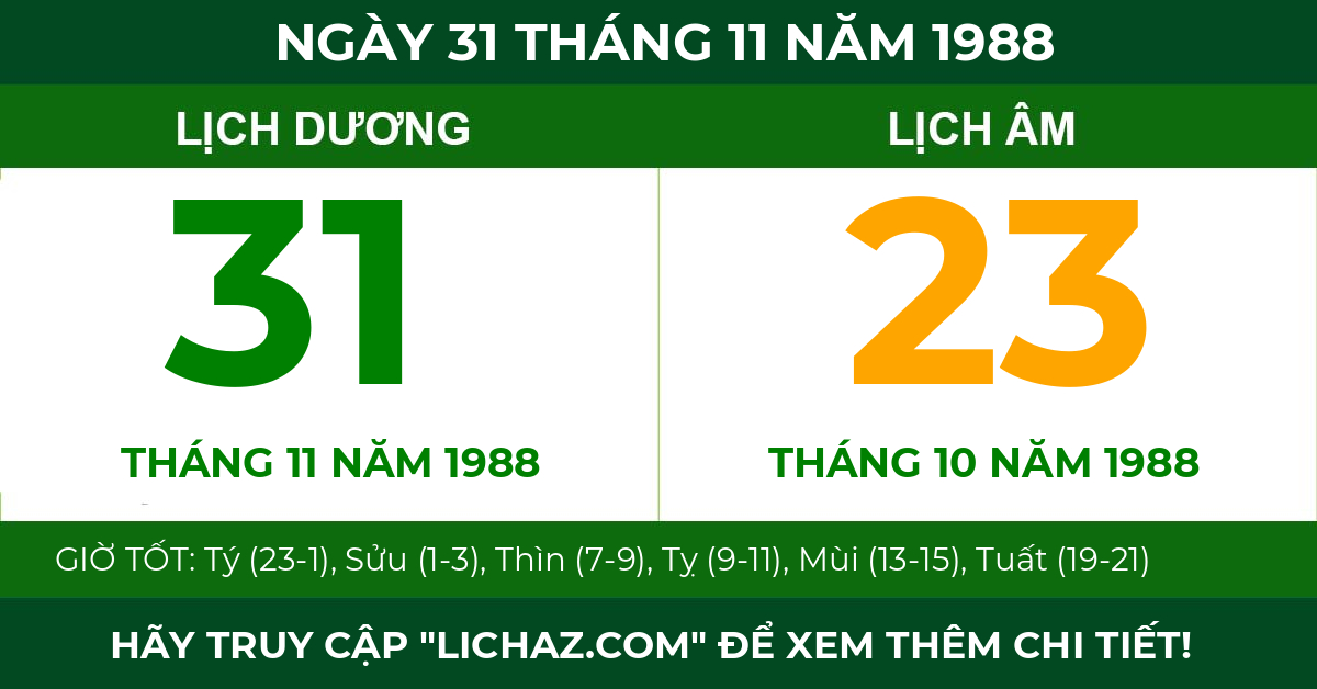 lịch âm ngày 31 tháng 11 năm 1988