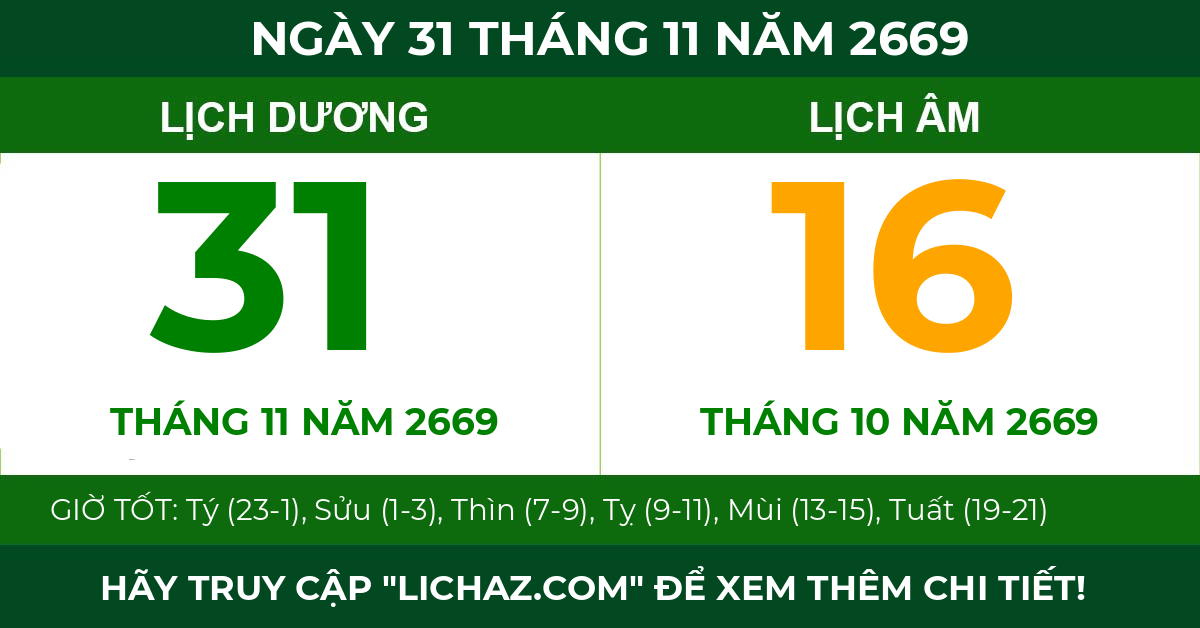 lịch âm ngày 31 tháng 11 năm 2669