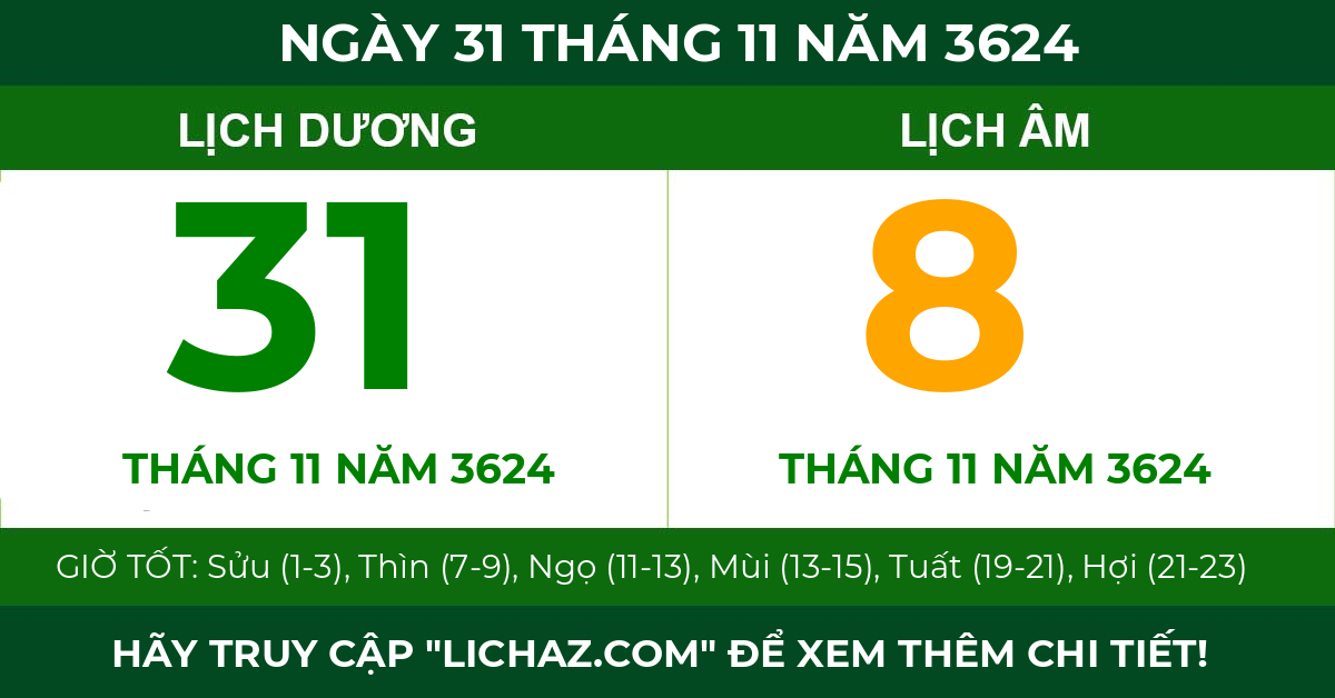 lịch âm ngày 31 tháng 11 năm 3624
