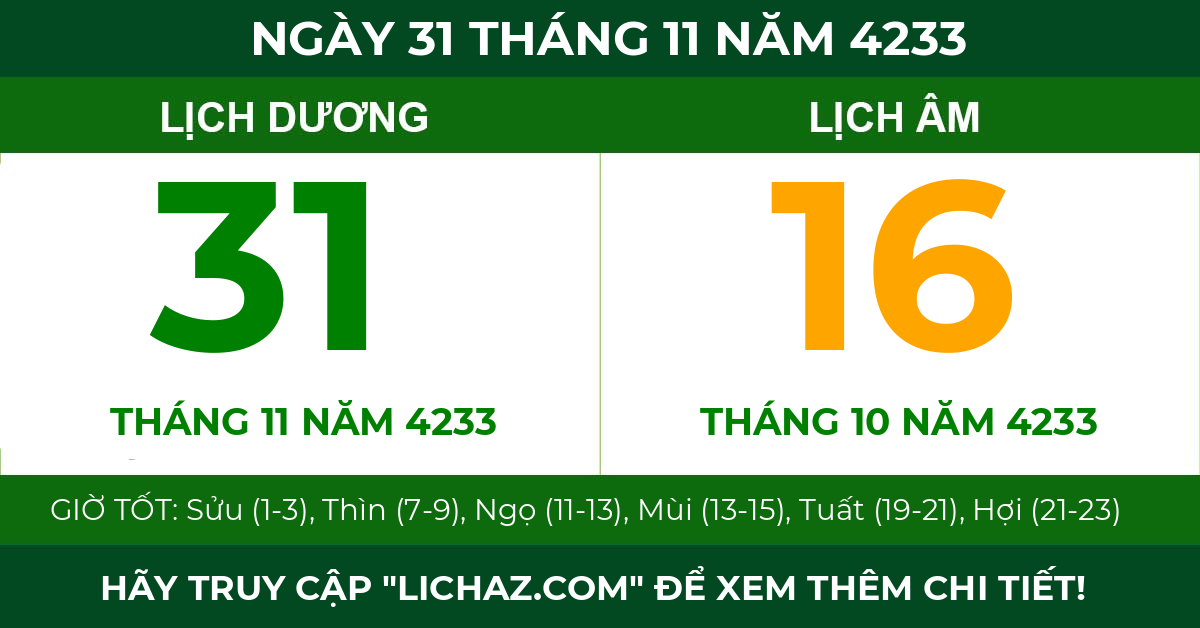 lịch âm ngày 31 tháng 11 năm 4233