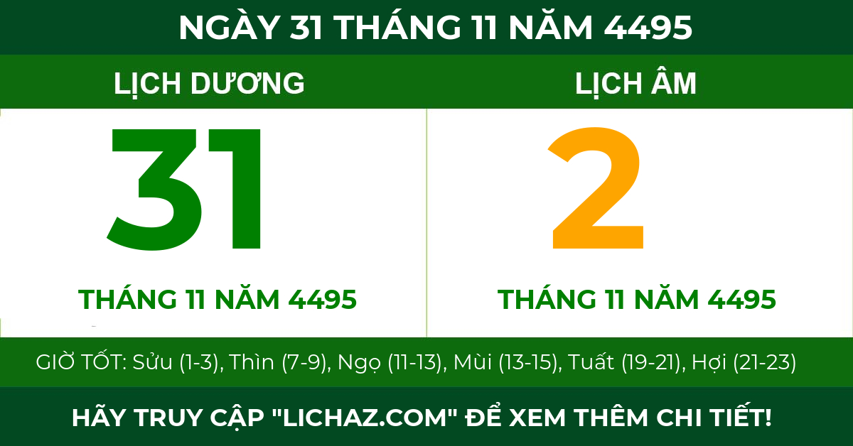 lịch âm ngày 31 tháng 11 năm 4495