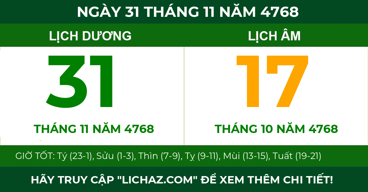 lịch âm ngày 31 tháng 11 năm 4768