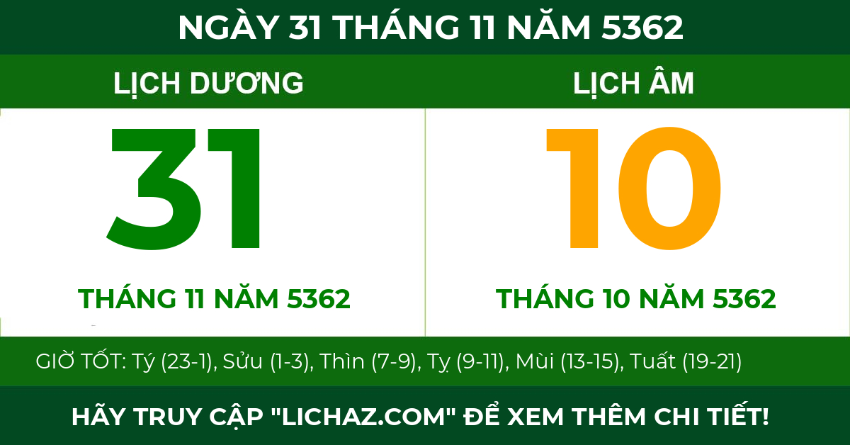 lịch âm ngày 31 tháng 11 năm 5362