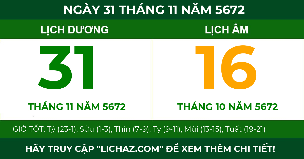 lịch âm ngày 31 tháng 11 năm 5672
