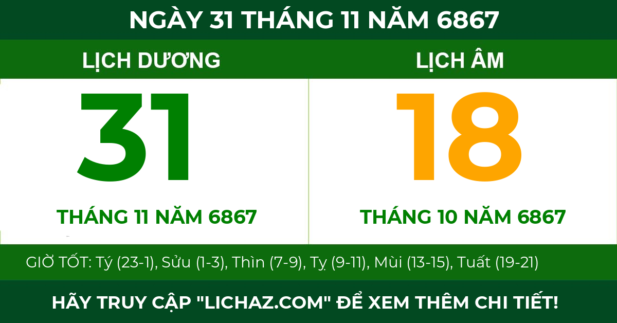 lịch âm ngày 31 tháng 11 năm 6867