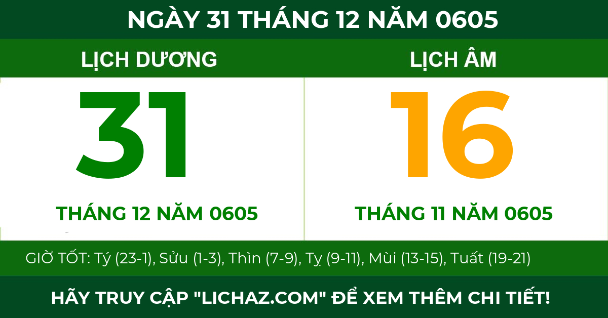 lịch âm ngày 31 tháng 12 năm 0605